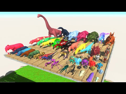 All Colors Dinosaur Run on a spinning trap - Who can eat meat Pig |🦖Animal Revolt Battle Simulator🦕