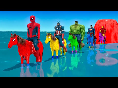 Red Horse Spiderman Crossing On Rainbow Spiders Bridge With Horse Vs Spider-Shark Rescue Animal Game
