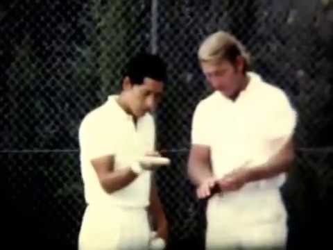 Lew Hoad and Juan Carlos Ovando at LH tennis Camp.Summer 1971