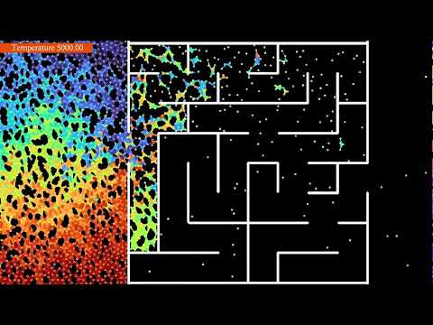 Solving a maze with Lennard-Jones particles and gravity
