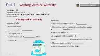 IELTS listening actual test Part 1: washing machine warranty (answer+ transcript)