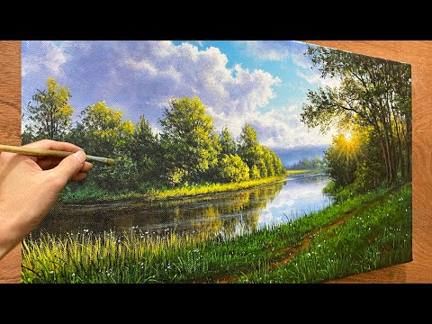 Acrylic landscape painting / How to paint the morning sun by the lake / A Lu Art.