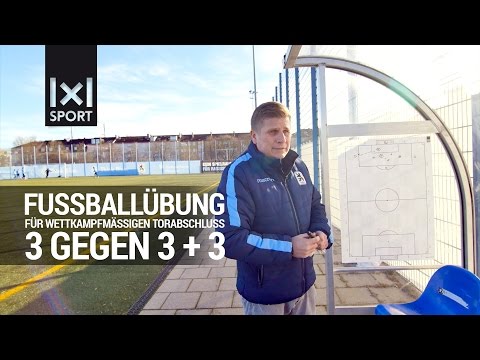 Fußballübung für wettkampfgemäßes Torschusstraining: 3 gegen 3 + 3 im 16er