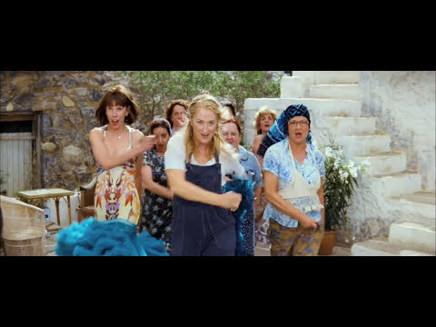 Energetic dance moment from the Mamma Mia trailer hinting at Dancing Queen sequence