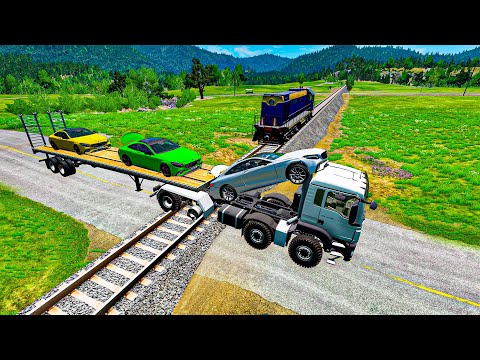 Flatbed Trailer Truck Transporter Rescue | Car VS Rails and Trains | BeamNG.Drive