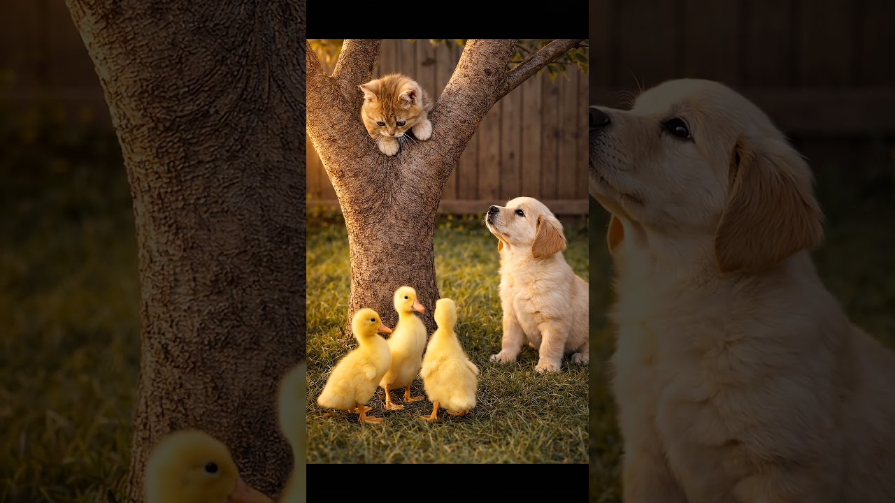 🗺️Ducklings Form a Tiny Planning Circle While the Kitten Watches from Above and the Puppy #shorts