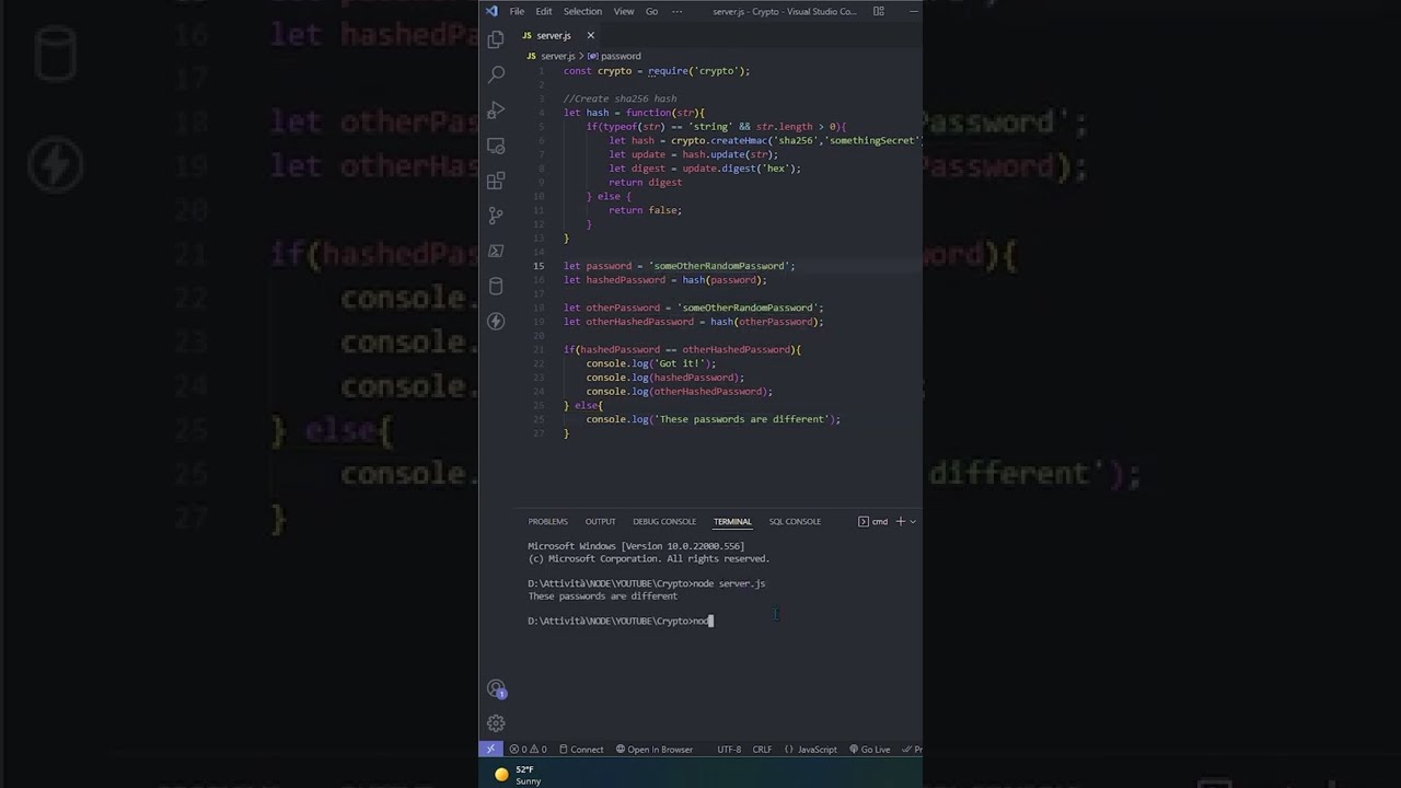 Hashing using Node JS Crypto module | Node JS Tutorial