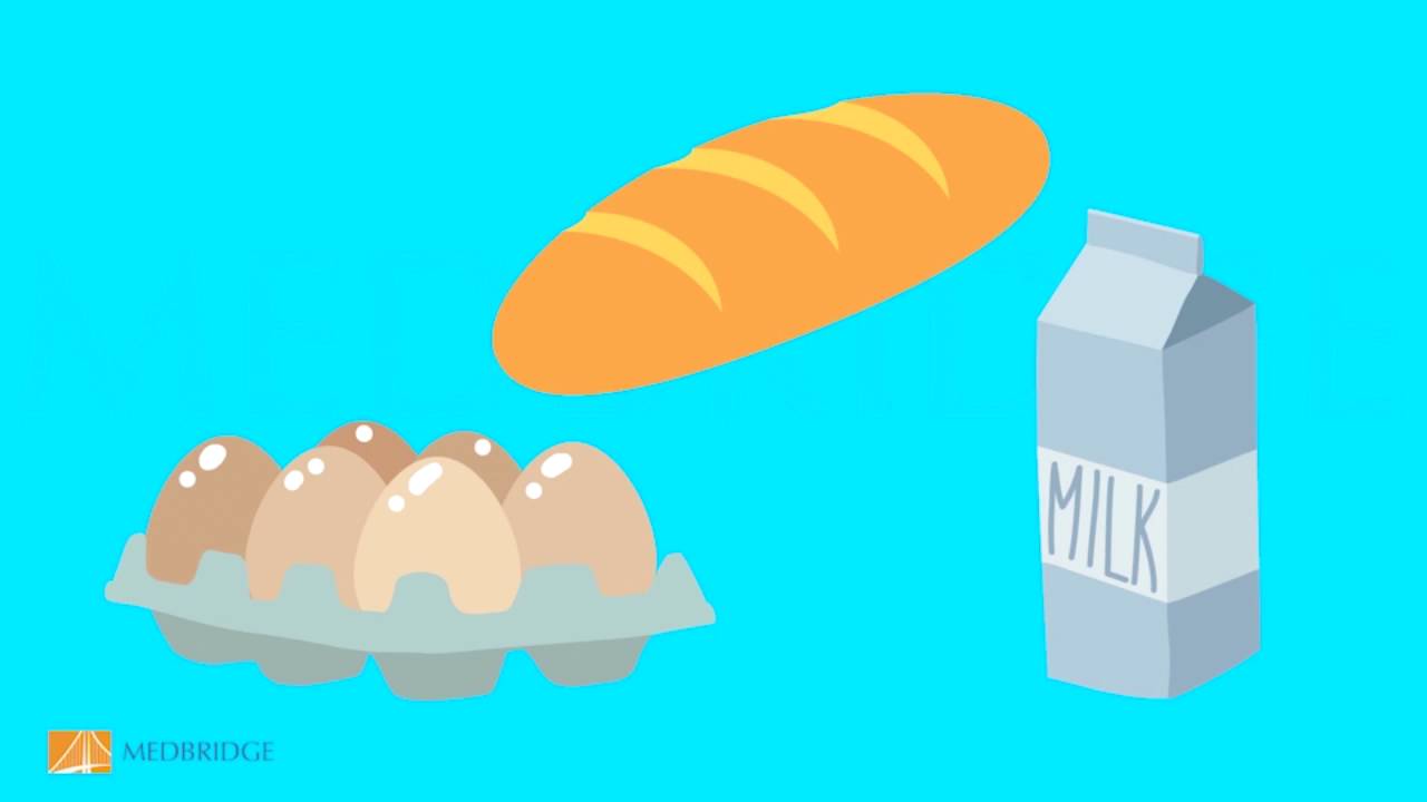 Illustration of bread, milk, and eggs on a blue background, representing essential nutrition and medbridge hybrid care.