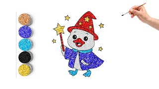How to Draw a Duck dressed like a wizard with a wand and hat | Magic Glitter Coloring