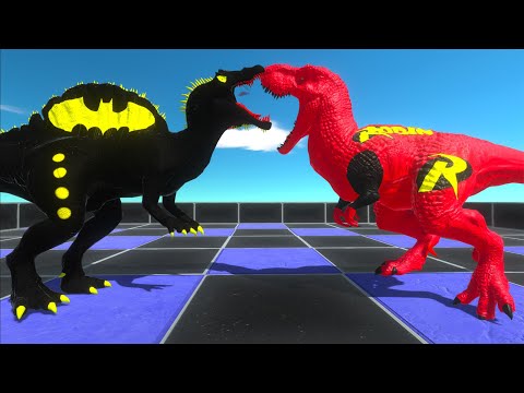 BATMAN SPINOSAURS vs SPIDERMAN T-REX vs ROBIN T-REX DEATH RUN -   Animal Revolt Battle Simulator