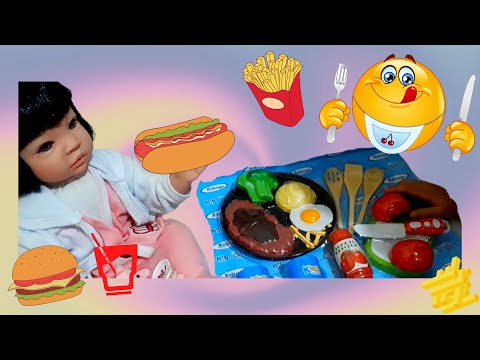 FAZENDO COMIDINHA PARA BEBE REBORN | ABRINDO BRINQUEDO NOVO 🥩🍟🍔🌭🥤