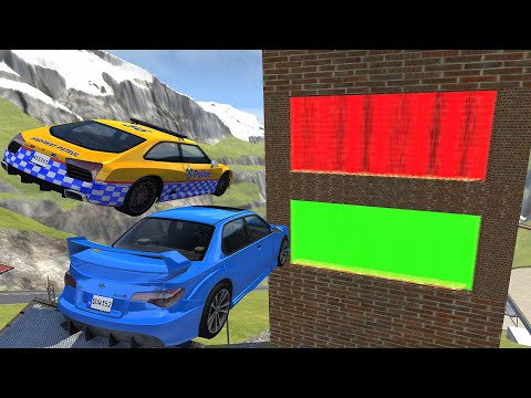 Crazy Vehicle High Speed Jumping through Green Or Red Slime Water Wall Crashes #2 - BeamNG drive