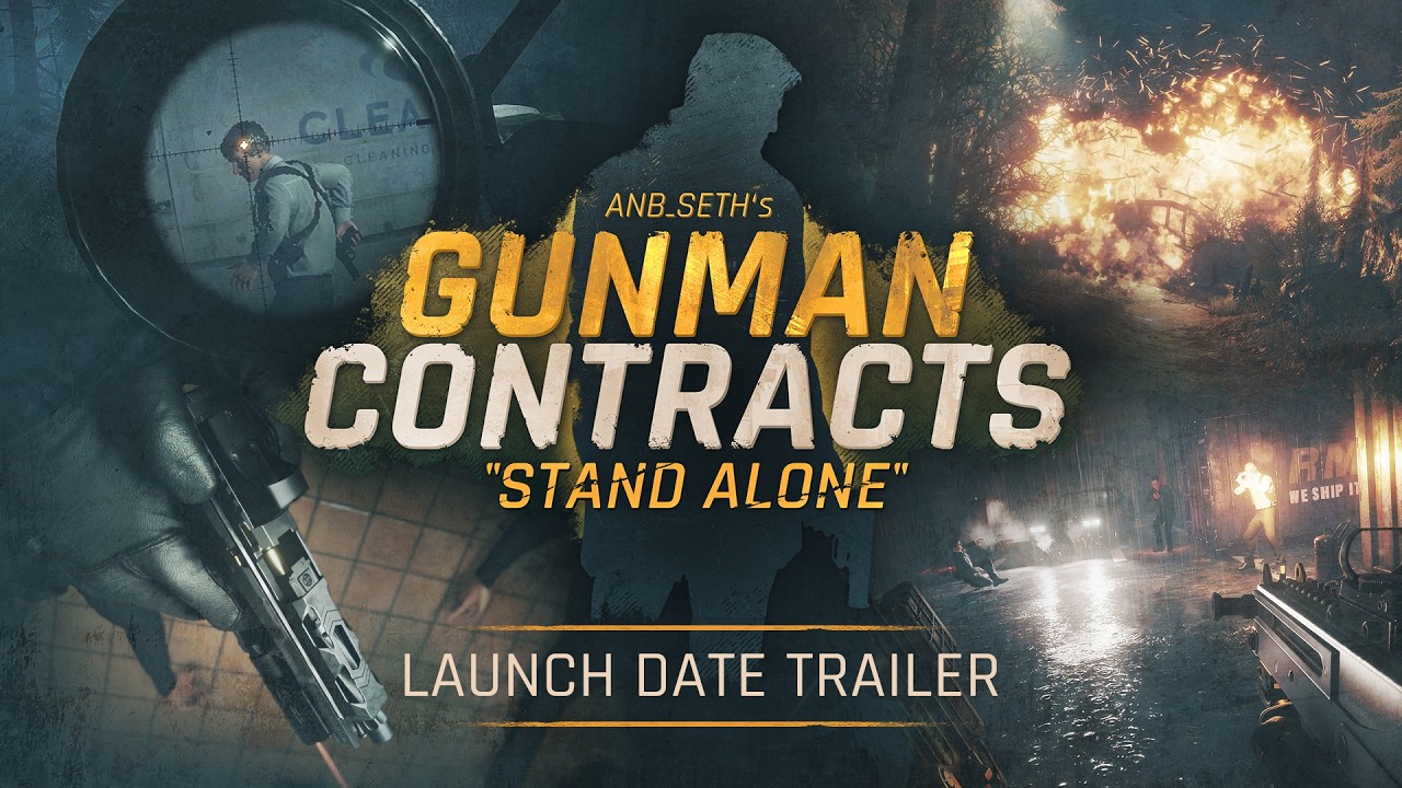 Title card for the Gunman Contracts Stand Alone launch date trailer, reading ANB_SETH's GUNMAN CONTRACTS STAND ALONE over four panels of gameplay