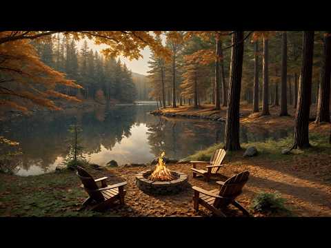 Morning Ambience by the fall Autumn Lakeside | Campfire & Birdsong for Meditation, Study