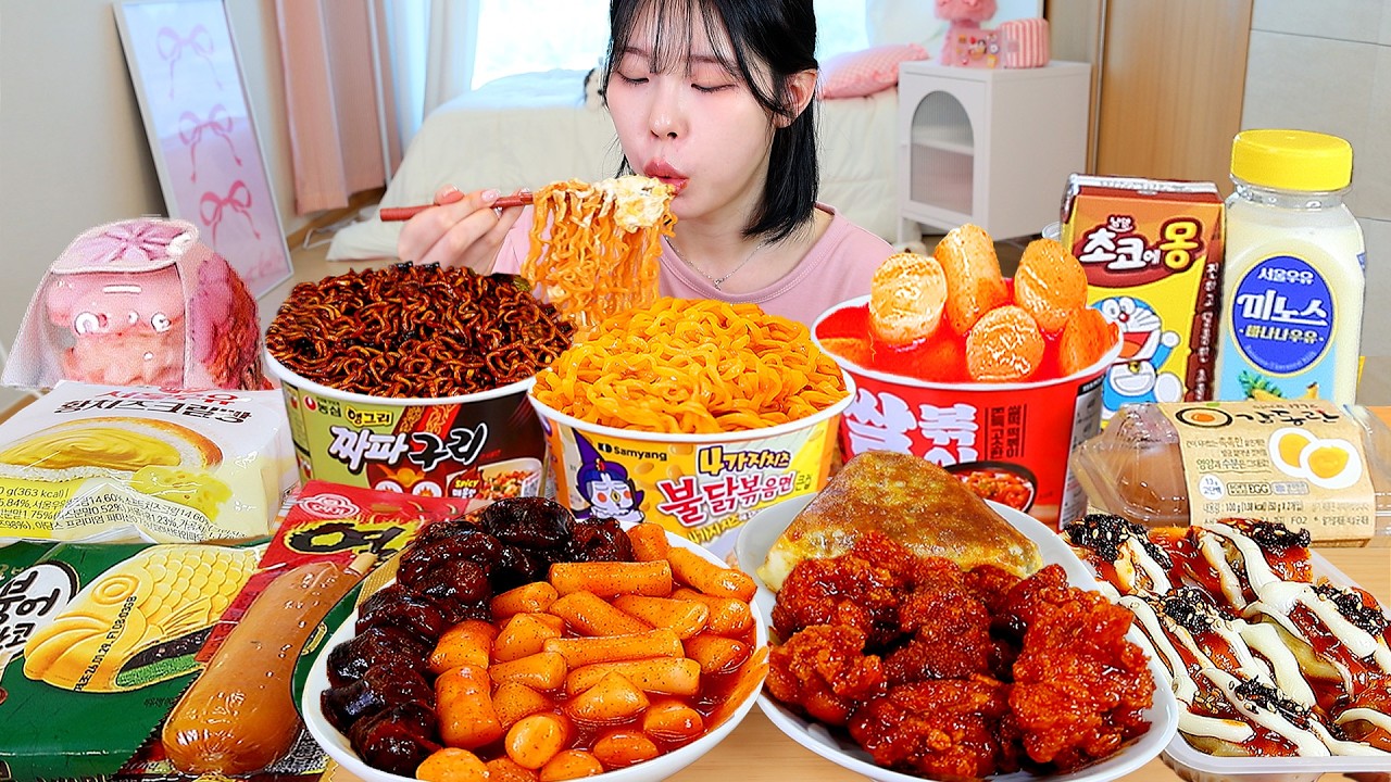 ASMR MUKBANG| 편의점 직접 만든 불닭 떡볶이 양념치킨 김밥 디저트 먹방 & 레시피 Convenience Store Food EATING