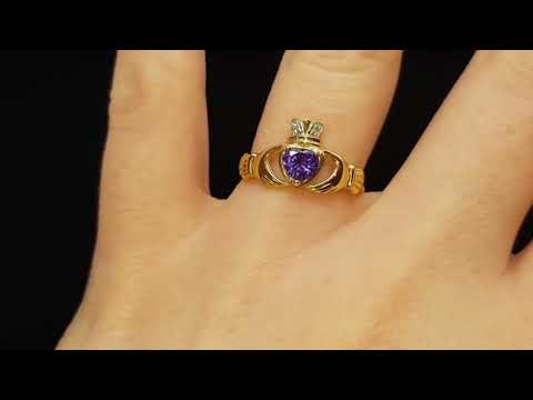 9kt Yellow Gold Faux Amethyst Ladies Claddagh Ring With CZ Crown