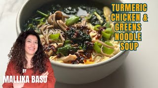 Nourishing and cosy turmeric chicken & greens noodle soup