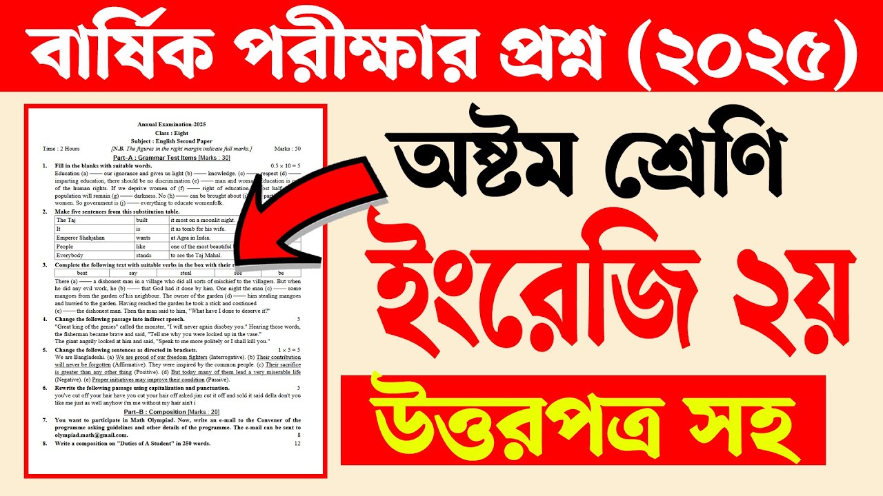 Class 8 Annual Exam Questions 2025 English 2nd Paper | Class 8 Annual Exam 2025 English