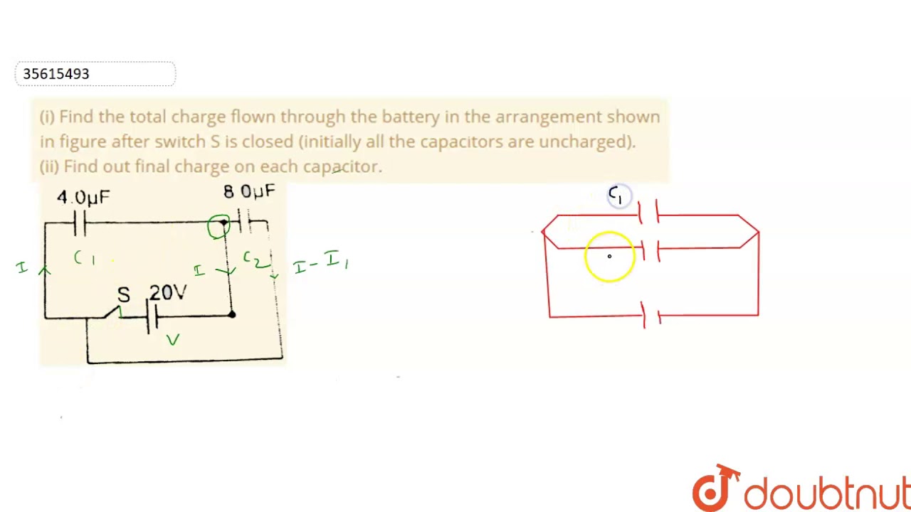 (i) Find the total charge flown through the battery in the arrangement shown in figure after switch