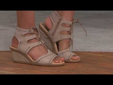 Earth Leather Lace-up Peep-Toe Wedge Sandals - Daffodil on QVC