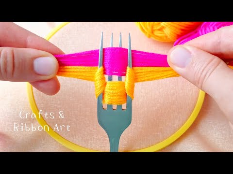 It's so Beautiful !! New Unique Flower Craft Idea with Wool- Hand Embroidery Amazing Trick with Fork