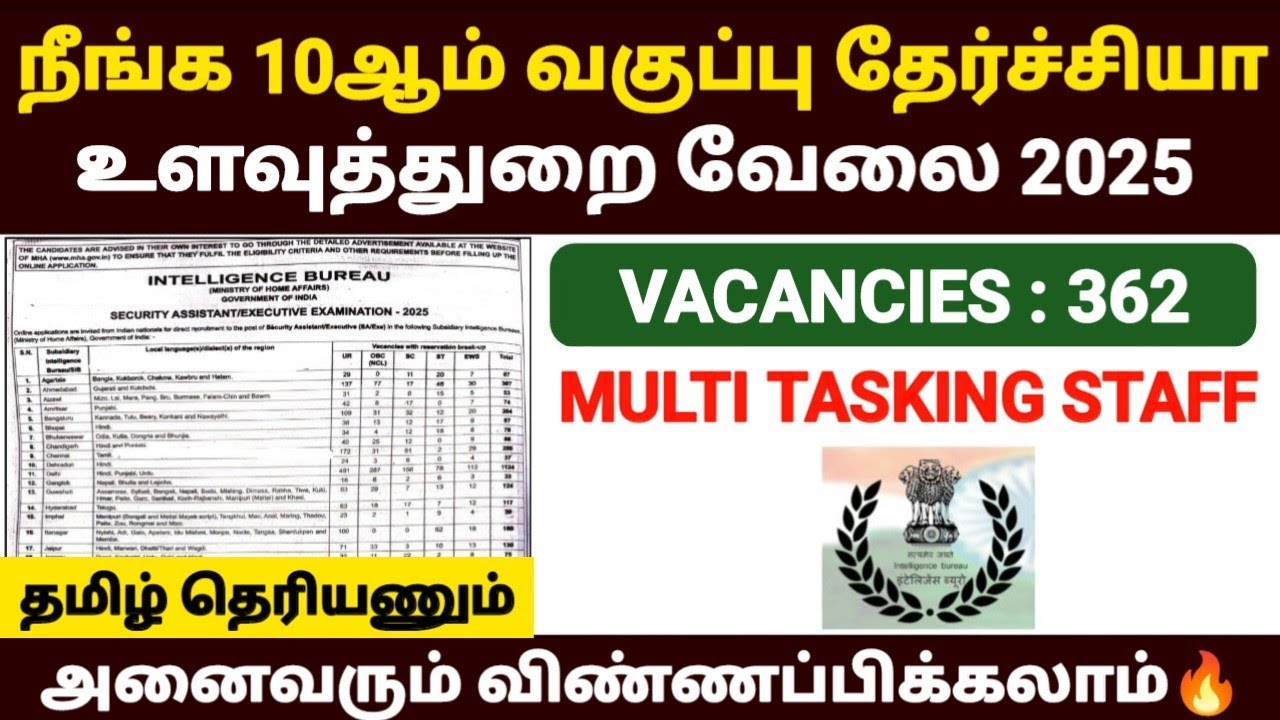 உளவுத்துறை வேலைவாய்ப்பு 2025 | ib mts recruitment 2025 in tamil | ib mts new vacancy 2025 | ib j