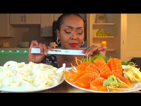 ASMR&RECIPE * SALMON & CREAMY ONION SALAD * اكل السلمون مع البصل بالكريمة مع الطريقة