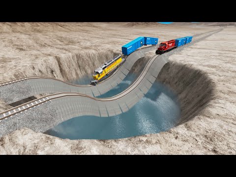 Impossible Weird Wave Rail Tracks Vs Trains Crossing Giant Pit - BeamNG.Drive
