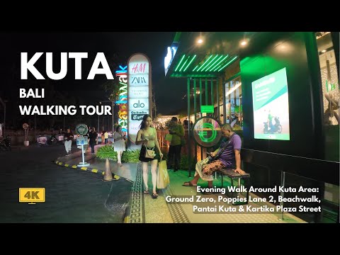 KUTA, Bali Night Walk Around Ground Zero, Beachwalk, Kartika Plaza Street Bali Walking Tour 4K/60fps