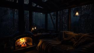 Soft Rain Falling Outside a Cozy Cabin with Fireplace Burnings | Rainy Night Ambience for Deep Sleep