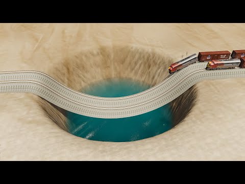 Impossible Weird Wave Rail Tracks Vs Trains Crossing Deep Water Pothole - BeamNG.Drive