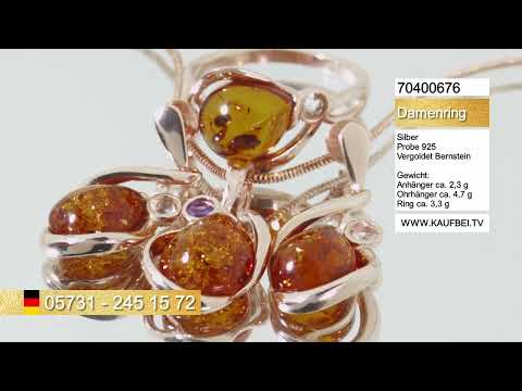 Кольцо, серьги и подвеска из позолоченного серебра 925 пробы с янтарём и фианитами