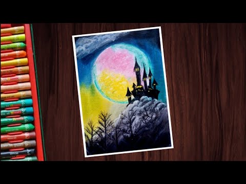 Beautiful Moonlight Scenery Drawing with Oil Pastels for beginners - step by step