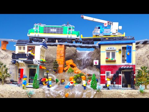 Railway bridge collapse and LEGO train fall into water after dam breaks in LEGO City