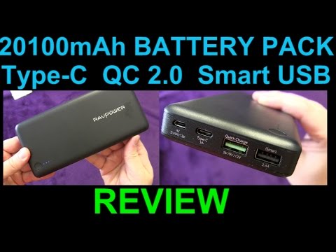 RAVPower 20100 mAh Portable Smart Charger Quick Charge 2 0 and Type C USB C Power Bank for Phones Ta