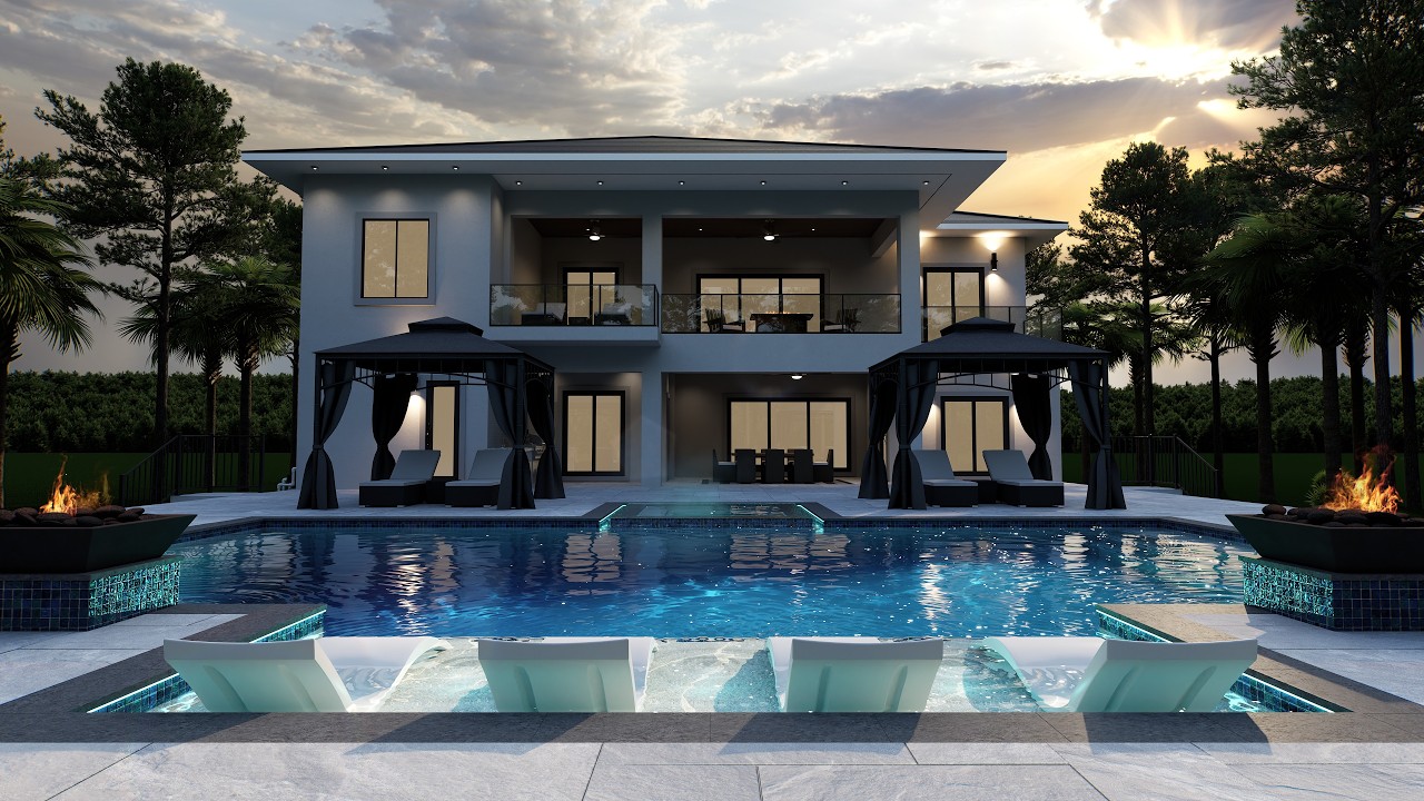 Sample cinematic 3D walkthrough video — resort-style pool with fire bowls and spa at dusk