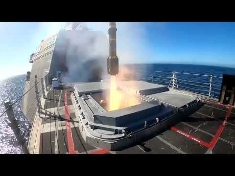 American AGM-114L Longbow Hellfire Missile launch from Independence-class LCS 'USS Montgomery'