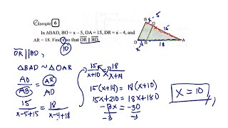 Proving Similar ▵:Prob#6- If ▵BAD, BO =x-5, OA=15, DR = x - 4, and AR = 18. Find x so that OR || BD.