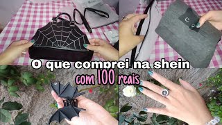 Haul shein/bolsa teia de aranha/piranha de cabelo em forma de morcego/blusa gatinho/anel