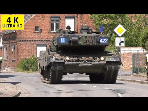 Kompanie Kampfpanzer Leopard 2 fährt durch Ortschaft #Straßensanierung