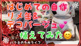 【多肉植物】【ガーデニング】はじめての自作リメ缶&デコパージュ　植えてみた😊