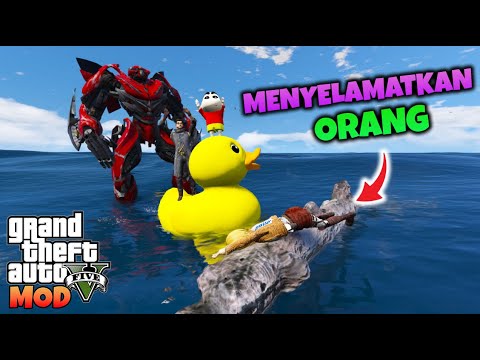 SHINCHAN TRANSFORMER DINO DAN DJ ALOK MENYELAMATKAN ORANG DI TENGAH LAUT - GTA 5 MOD TRASNFORMER