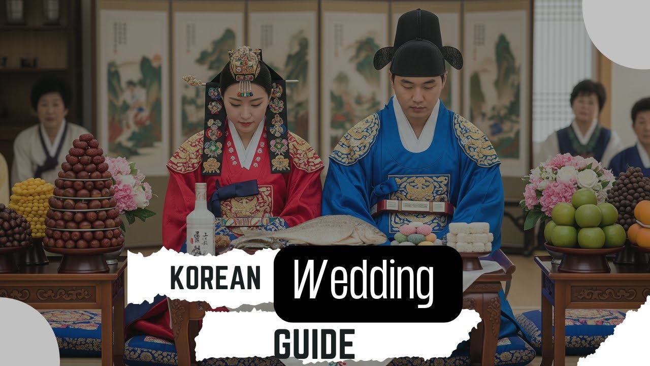 A Korean bride and groom in traditional hanbok performing a bow during a Korean wedding pyebaek ceremony with the family seated in front