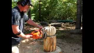 Time lapse chainsaw carving a rustic wood pumpkin, by Mark Poleski