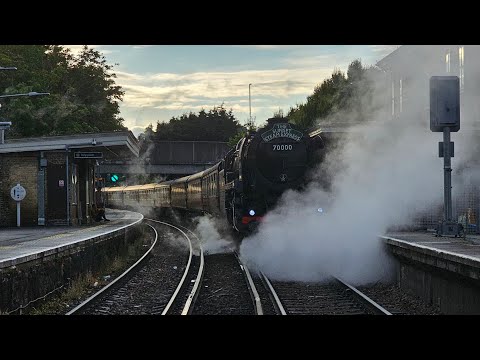 70000 Britannia returns to The Sunset Steam Express arriving and departing at Chertsey - 9/7/24
