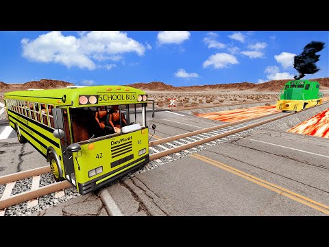Trains vs Lava Crossing Road and Double Rails Tractor Rescue Stuck Cars and Buses   BeamNG Drive 012