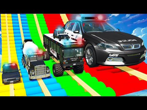 Big and Small Cars vs Slide Colors with Portal Trap – Police Cars Rescue Small Cars – BeamNG.Drive