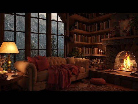 Relaxing Rain on Window & Fireplace Sounds at Cozy Reading Nook Ambience | Thunder for Sleep, Relax