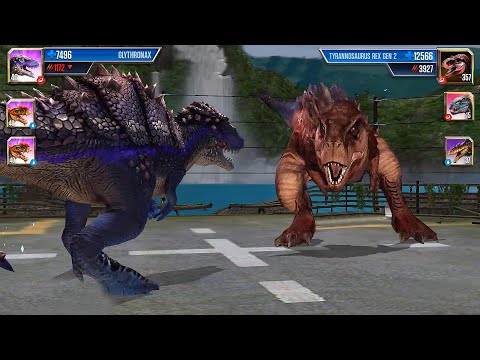 GLYTHRONAX MAX LEVEL 40 VS T REX GEN 2 LEVEL 357 | BATTLE | JURASSIC WORLD THE GAME
