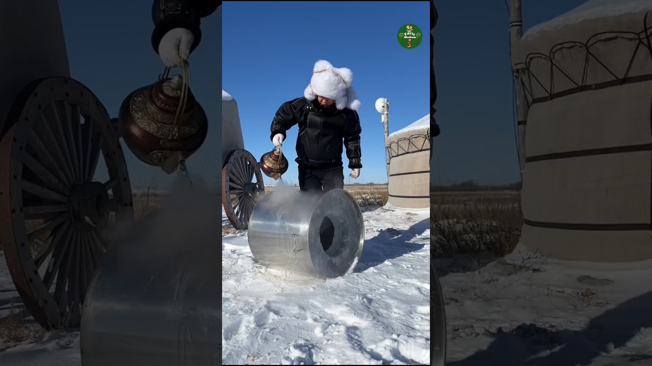 Food Protected In Ice Drum From Wild Animals In Mongolia Outside In Winter #shorts #ytshorts